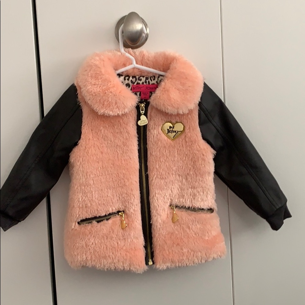Toddler Betsey Johnson pleather and furry coat.